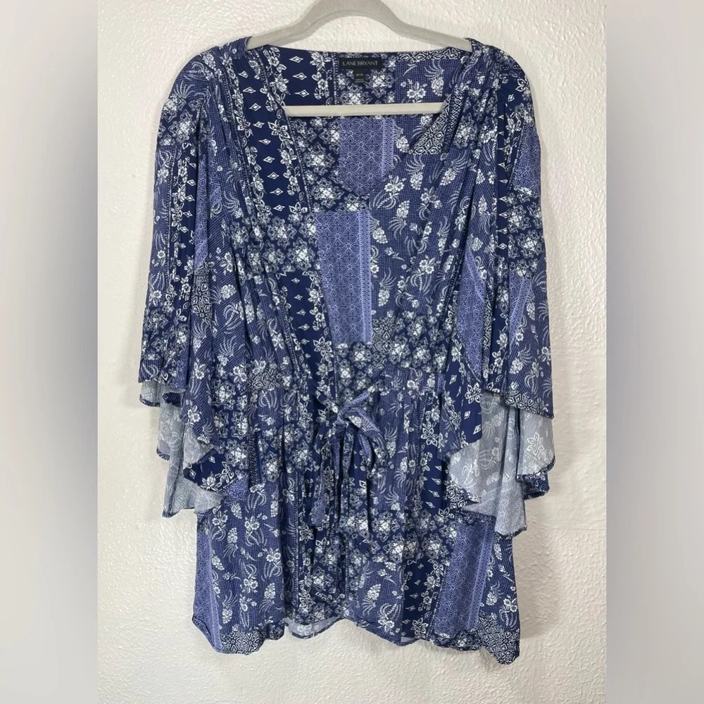 Lane Bryant Patchwork Blouse Women’s 14/16 Ruffle Short Sleeves Front Tie